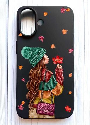 Матовий чорний чохол на iphone 16 дівчина з листям (принт 221)