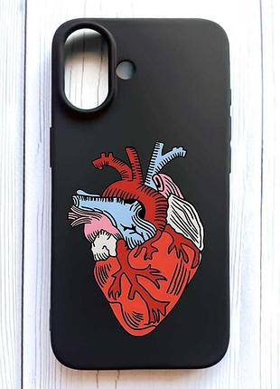 Матовый черный чехол на iphone 16 сердце анатомическое (принт 250)