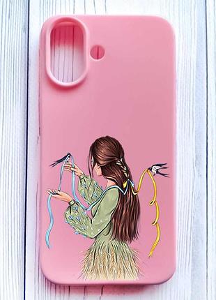 Матовый розовый чехол на iphone 16 девушка с ласточками (принт 16)