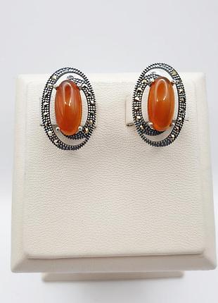 Сережки серебряные с сердоликом, марказитом 6,79 г