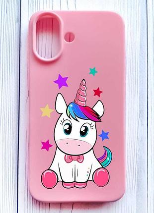 Матовый розовый чехол на iphone 16 единорог (принт 102)
