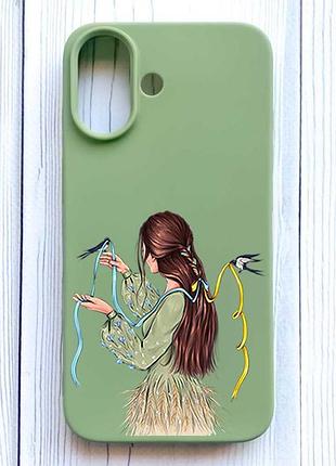 Матовый оливковый чехол на iphone 16 девушка с ласточками (принт 16)