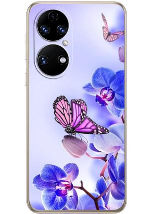 Чехол силиконовый с картинкой на huawei p50 (цветок, бабочка на орхидее)