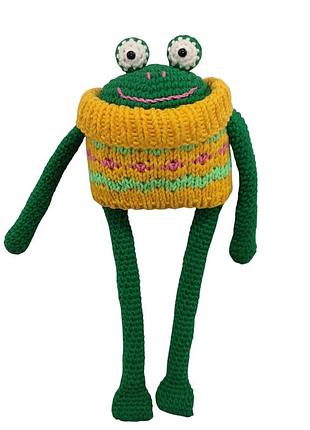 Вязанная мягкая игрушка лягушонок (15×8 см, пряжа: хлопок, наполнитель: холлофайбер)
