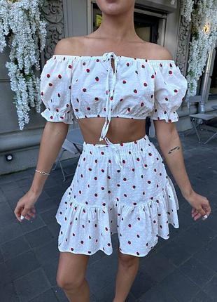 Костюм из 🍓 — топ + юбочка ❤️ легкое летнее настроение | белый, 42-46 | 100% хлопок, попкорн текстура | мод 049