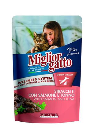 Migliorgatto pouch повноцінний вологий корм для дорослих котів у вигляді смужок з лососем та тунцем, 100 г