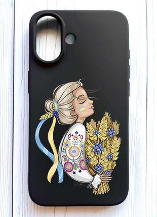 Матовый черный чехол на iphone 16 украинка с колосками (принт 173)