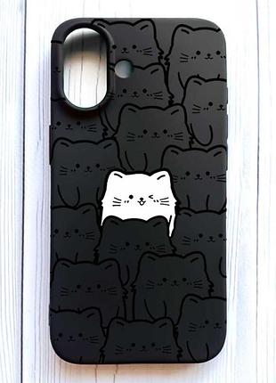 Матовый черный чехол на iphone 16 котики (принт 392)