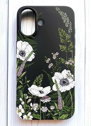 Матовый черный чехол на iphone 16 цветы полевые (принт 363)