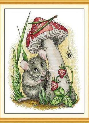 Набір для вишивання за нанесеною на канву схемою «mushroom-strawberry-mouse». aida 14ct printed , 26*32 см