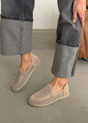 Женские лоферы анатомические barefoot бежевые балетки летние с перфорацией натуральная замша 11804