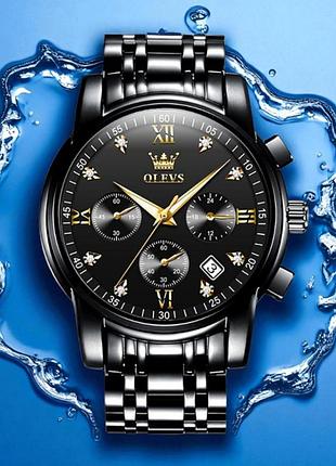 Мужские часы olevs 2858 black, классический кварцевый хронограф, премиум дизайн, черный браслет.