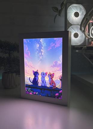 Акриловый led-светильник с 3d-эффектом арт котики - led-картина с подсветкой белый
