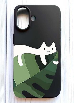 Матовый черный чехол на iphone 16 кот на листе (принт 367)