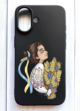 Матовий чорний чохол на iphone 16 українка з колосками (принт 172)