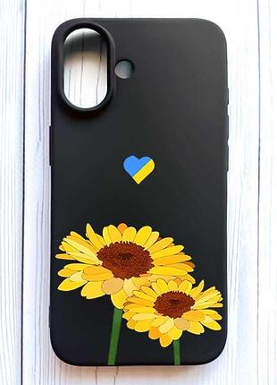 Матовый черный чехол на iphone 16 желтые цветы (принт 364)