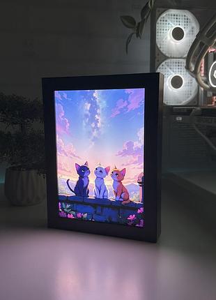 Акриловый led-светильник с 3d-эффектом арт котики - led-картина с подсветкой черный