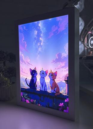 Акриловый led-светильник с 3d-эффектом арт котики - led-картина с подсветкой белый