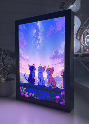Акриловый led-светильник с 3d-эффектом арт котики - led-картина с подсветкой черный