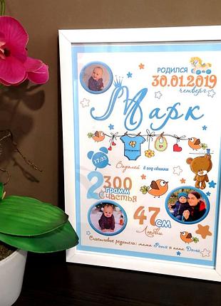 Постер метрика для хлопчика з вашими даними та фото 20 х 30 см 30 х 40 см