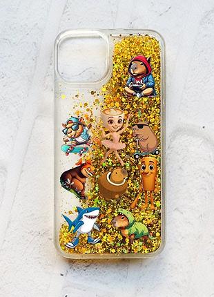 Чехол с плавающими золотыми блестками на iphone 14 мемы (принт 415)