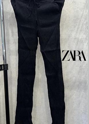 Штани кльош жіночі зара (zara) чорні розмір с висока посадка на шнурівці текстурована тканина на високу дівчину
