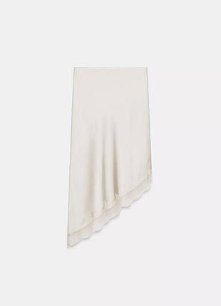 Сатинова юбка з мереживом асиметрична атласна спідниця zara з мереживом довга атласна юбка zara розмір с, спідниця міді; бренд zara;