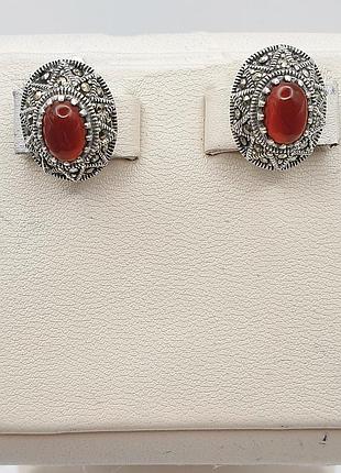 Сережки серебряные с сердоликом, марказитом 7,45 г