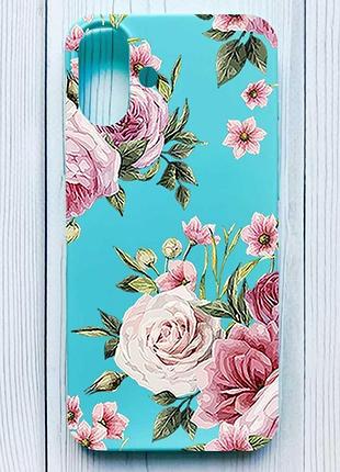 Матовый бирюзовый чехол на iphone 16 plus розовые цветы (принт 287)