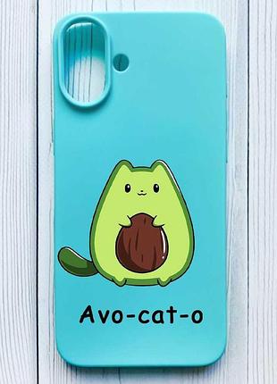 Матовый бирюзовый чехол на iphone 16 plus котик авокадо (принт 306)