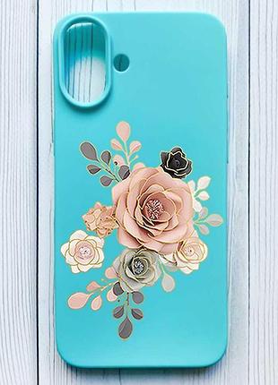 Матовый бирюзовый чехол на iphone 16 plus розы (принт 275)