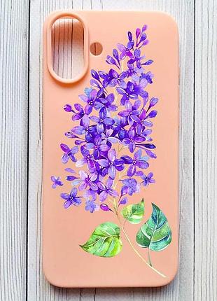 Матовый персиковый чехол на iphone 16 plus веточка сирени (принт 280)