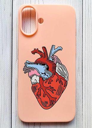 Матовый персиковый чехол на iphone 16 plus сердце анатомическое (принт 250)