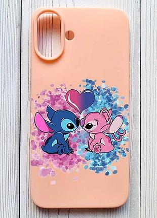 Матовый персиковый чехол на iphone 16 plus стич и ангел (принт 391)