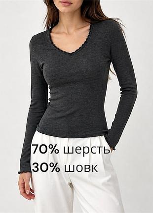 Люкосовий шерстяно шовковий жіночий лонгслів nice connection 70% шерсть та 30% шовк люксовий лонг жіночий облягаючий лонгслів із шерсті та шовку