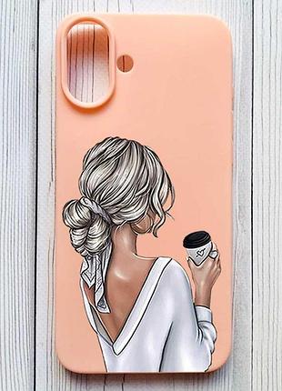 Матовый персиковый чехол на iphone 16 plus девушка с латте (принт 227)