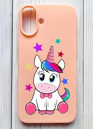 Матовый персиковый чехол на iphone 16 plus единорог (принт 102)