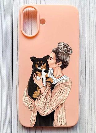 Матовый персиковый чехол на iphone 16 plus девушка с собачкой (принт 116)