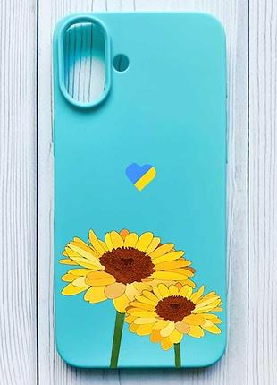 Матовий бірюзовий чохол на iphone 16 plus жовті квіти (принт 364)