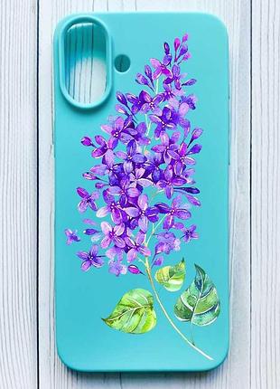 Матовый бирюзовый чехол на iphone 16 plus веточка сирени (принт 280)