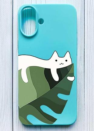 Матовий бірюзовий чохол на iphone 16 plus кіт на листку (принт 367)