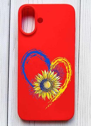 Матовый красный чехол на iphone 16 plus сердце с подсолнухом. украина (принт 260)