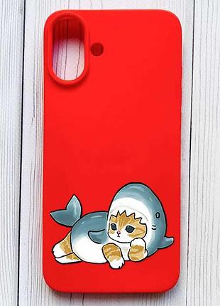 Матовый красный чехол на iphone 16 plus котенок акула (принт 355)