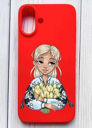 Матовий червоний чохол на iphone 16 plus дівчина з тюльпанами (принт 23)
