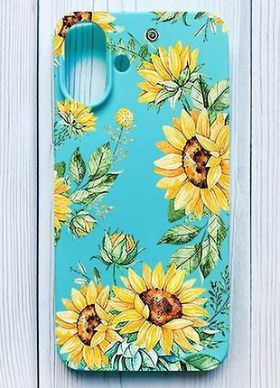 Матовый бирюзовый чехол на iphone 16 plus подсолнухи (принт 288)