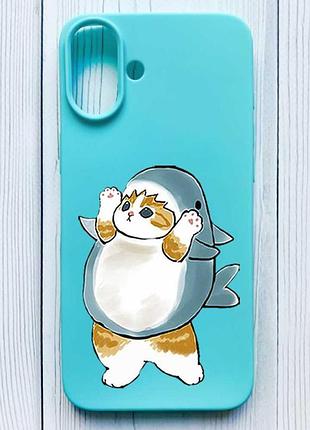 Матовый бирюзовый чехол на iphone 16 plus котенок акула (принт 379)