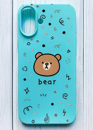 Матовый бирюзовый чехол на iphone 16 plus мишка (принт 76)