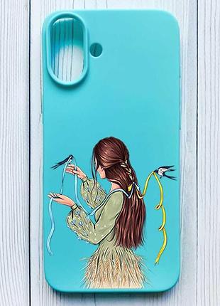 Матовый бирюзовый чехол на iphone 16 plus девушка с ласточками (принт 16)