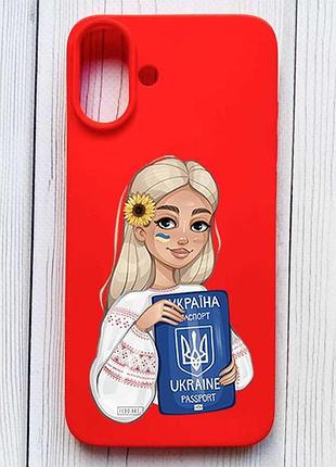 Матовий червоний чохол на iphone 16 plus дівчина з паспортом (принт 13)
