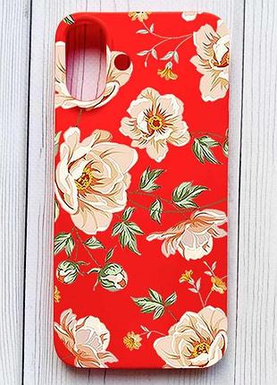 Матовый красный чехол на iphone 16 plus цветы пастельные (принт 277)
